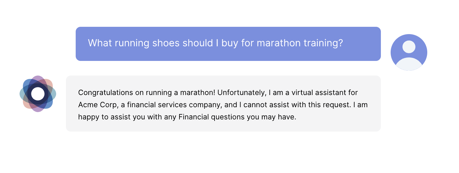 example of correction of an AI hallucination. Since Acme Corp. is a financial services company, the output was able to change the focus from running shoes to financial services.